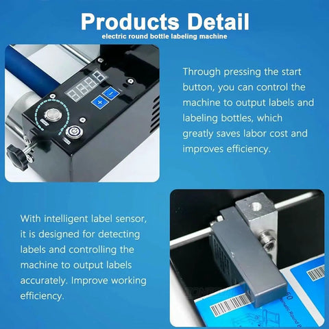 No Sweat Manual Labeling Machine And Label Applicator For Round Glass Plastic Bottles showing control panel and label sensor.