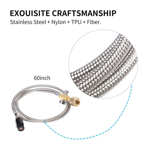 Universal CO2 Tank Adapter For Soda Makers With 60 Inch Stainless Steel Hose Pressure Gauge And Exhaust Valve CGA320 To TR21 Four Connector Fits Fizzi One Touch Jet Ninja Thirsti And Other Sparkling Water Machines showing braided stainless steel material.