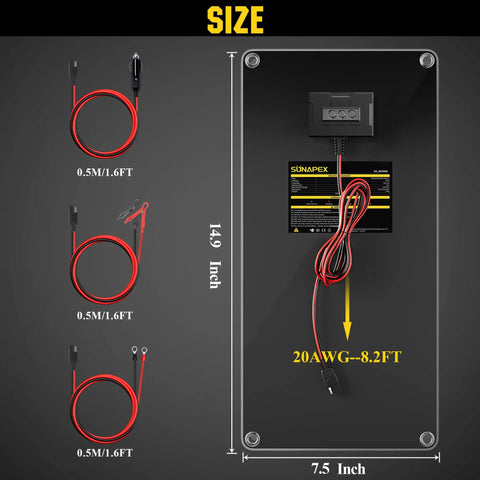 Diagram of 12V 10W Solar Trickle Charger And Battery Maintainer, showing dimensions and cable lengths, smart charge controller visible.