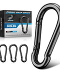 Set of four 4-inch black metal spring snap carabiners with gates; 800 lb capacity for hammock and camping.