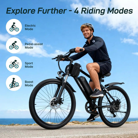 Man riding 26 Inch Fat Tire Electric Bike With 750W Peak Motor 20 MPH Top Speed Up To 40 Mile Range For Trail And City Cruisin