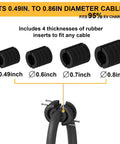 Drop Dead Easy Ceiling Mount EV Charger Cable Retractor With Smooth Auto Glide 11.5 Ft Spool showing rubber inserts for 0.49 to 0.86 inch cables.