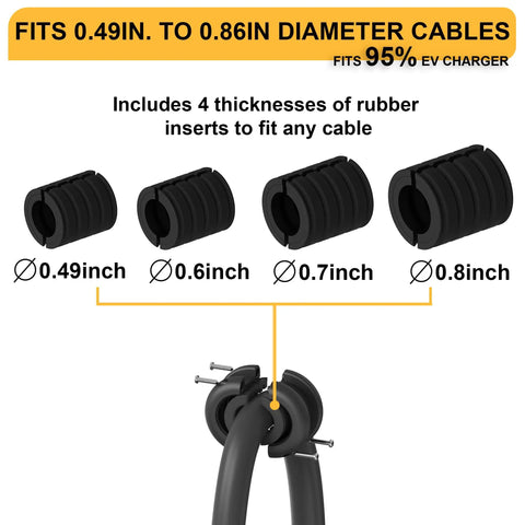 Drop Dead Easy Ceiling Mount EV Charger Cable Retractor With Smooth Auto Glide 11.5 Ft Spool showing rubber inserts for 0.49 to 0.86 inch cables.