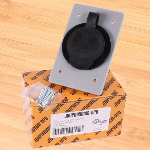 Black and grey Male NEMA 5 15P Power Inlet Flanged Receptacle 15 Amp 125V with mounting screws on packaging