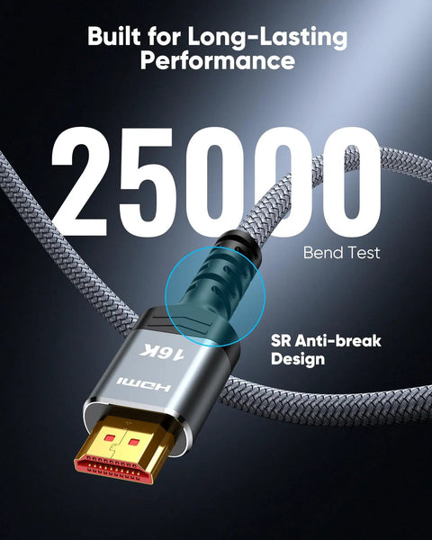 Close-up of 65 Ft Heavy Hitter Fiber Optic Hdmi Cable with sturdy SR anti-break design for 16K visuals.