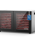 Built Different Dual Zone Food Dehydrator With 20 Spacious Trays And 1300 Watts showing beef jerky in sleek black steel design.