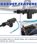 Two Piece Motorized Door Lock Actuator Kit With Tool Set 12V Two Wire Car Unlock System and features diagram.