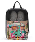 Go To Waterproof Shoe Bag For Travel And Gym with illustrated caravan and flamingos, large capacity, zipper closure, snowflake fabric