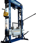 Badass Heavy Duty Steel H Frame 50 Ton Hydraulic Shop Press With Foot Pump Pedal and Easy To Read Gauge showcasing its sturdy design.