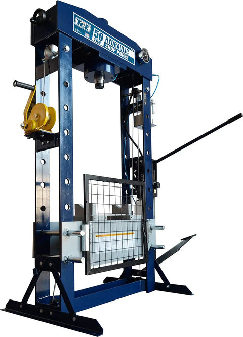 Badass Heavy Duty Steel H Frame 50 Ton Hydraulic Shop Press With Foot Pump Pedal and Easy To Read Gauge showcasing its sturdy design.