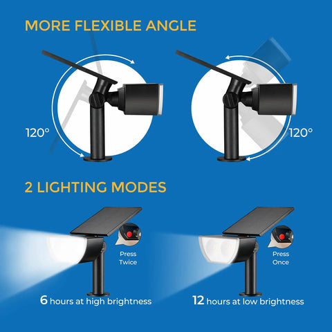 Outdoor Solar Spotlight 6500K Daylight IP67 Waterproof Garden Lights showing adjustable angles and two lighting modes