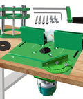 Dead Nuts Accurate Router Table Lift System With Slick Insert Plate For Woodworking Engraving Slotting And Trimming Rigs No Sweat Aluminum Base Pro Rig Setup on wooden surface with green components.