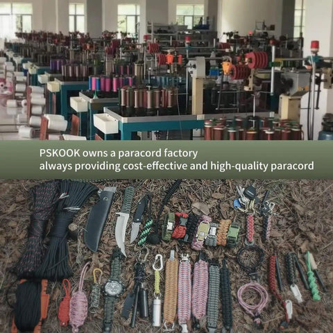 Paracord factory with Rugged Paracord Kit 100 Feet Of 7 Strand Nylon Fire Starter Rope, tools, and accessories displayed outdoors.