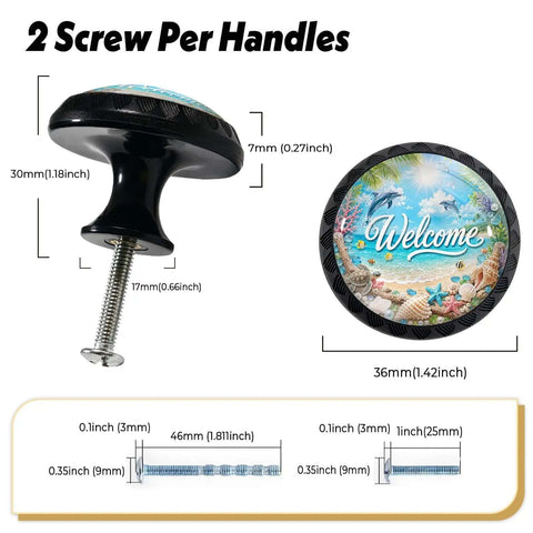 Set Of 4 Acrylic Beach Dolphin Cabinet Knobs showing round design with ocean life theme and welcome message, dimensions labeled