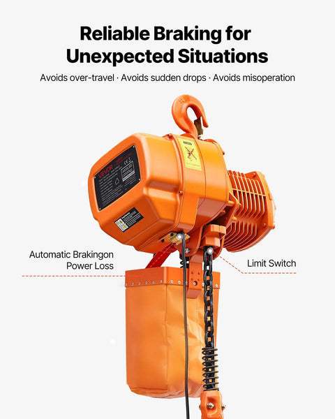 Built Tough Heavy Duty Electric Chain Hoist Up To 4400 Lbs With 20 Ft Lift Height showing limit switch and automatic braking