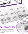 Stainless Steel Dowel Pin Kit 110 Piece Set M2 M3 M4 M5 304 Grade in clear plastic storage box shown with organized sizes.