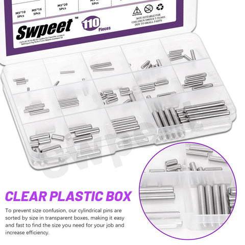 Stainless Steel Dowel Pin Kit 110 Piece Set M2 M3 M4 M5 304 Grade in clear plastic storage box shown with organized sizes.