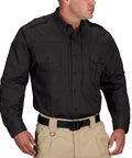 Men's Long Sleeve Tactical Shirt In Black Featuring Stain Resistant Ripstop Cotton Blend And Hidden Zipper Placket, worn by a model.