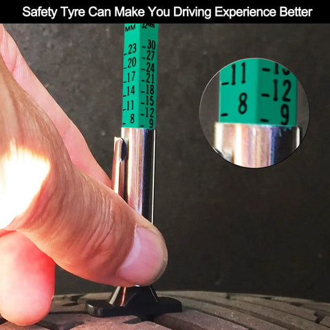 Two-Sided Color Coded Tire Tread Depth Gauge With Inch And Millimeter Calibration, Easy Read Tire Wear Gauge Reads In 32nds, Quick Diy Friendly Tool For Your Tire Health Check, Pack Of 2 in use on tire tread