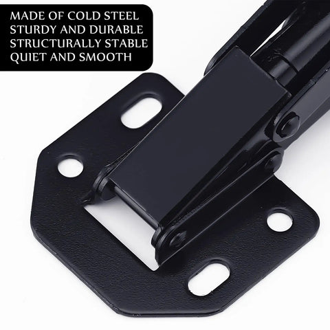 Close-up of black heavy duty hinge made of cold steel, part of 10 Pack Hidden Cabinet Hinges Surface Mount No Pre Drill 110 Degree.