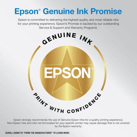 Epson Genuine Ink Promise with gold star emblem and print with confidence slogan on a gray background