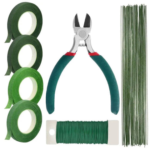 Must Have All In One Floral Tape And Wire Toolkit For DIY Bouquets And Arrangements With wire, tape rolls, and cutter visible