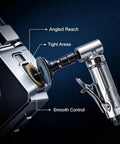 1/4 Inch Angle Air Die Grinder Badass Heavy Duty Tool With 22 Piece Quick Change Sanding Kit For Knockout Grinding And Flawless Finishes At A Whopping 20000 RPM showing angled reach and tight area access.