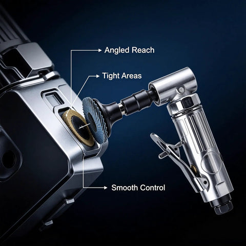 1/4 Inch Angle Air Die Grinder Badass Heavy Duty Tool With 22 Piece Quick Change Sanding Kit For Knockout Grinding And Flawless Finishes At A Whopping 20000 RPM showing angled reach and tight area access.
