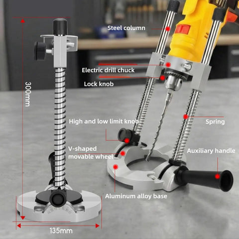 Adjustable Handheld Drill Stand With 45 Degree Angle Drill Press Adapter for DIY projects, showing steel column and aluminum base.