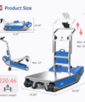Heavy Duty Electric Stair Climbing Dolly Robot With Smart AI Navigation And LiDAR For Auto Balancing All Terrain Material Handling Plus 925lbs Load Capacity dimensions and weight illustration.