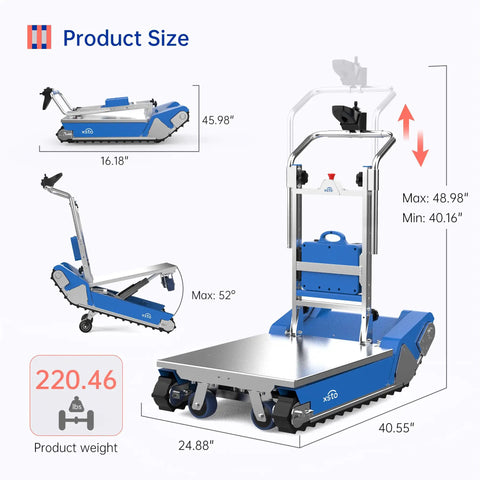 Heavy Duty Electric Stair Climbing Dolly Robot With Smart AI Navigation And LiDAR For Auto Balancing All Terrain Material Handling Plus 925lbs Load Capacity dimensions and weight illustration.