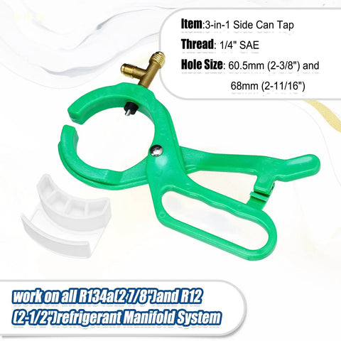 Green 3-in-1 side mount can tap for R134A and R12 with brass adapter, part of All In One Side Mount Can Tap Valve Gear kit.