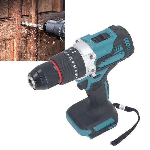 No Fuss 18V Cordless Impact Drill With A Grippy All Metal Keyless Chuck and Hammer Driver Mode built for drilling into wood.