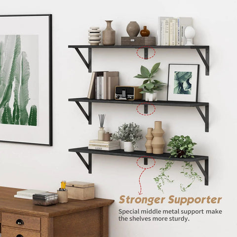 Legit Heavy Duty Floating Wall Shelves Set of Three, Slick 36 Inch by 8 Inch Black Bookshelf showcasing decor and plants.
