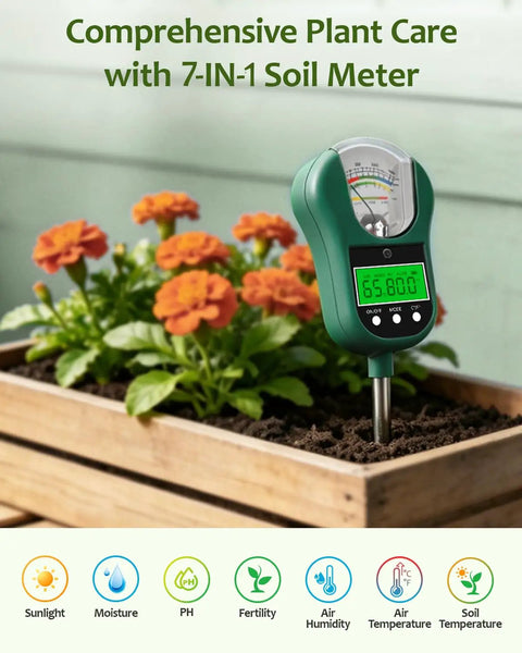 7-In-1 Soil Test Kit With Moisture, pH, Light, Fertility, Air And Soil Humidity And Temperature Meter in planter box