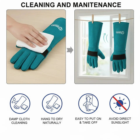 Heavy Duty Animal Handling Gloves For Training Dogs Cats Birds Snakes Parrots Lizards Reptiles Bite Proof Protection With Seventeen Point Seven Inch Leather Gloves Blue Grip Ready Anti Scratch For Safer Handling being cleaned and drying