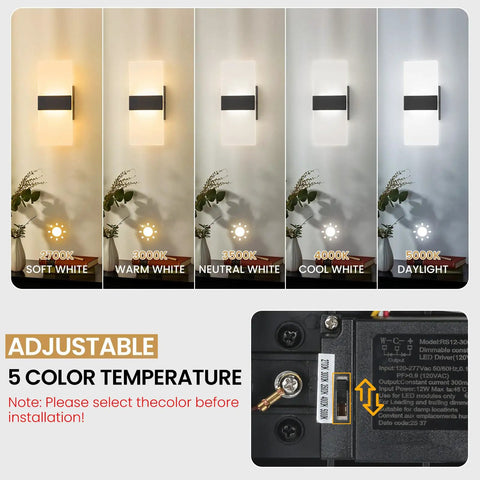 Adjustable 5CCT color temperature options for Sleek Black Modern LED Wall Sconce Dimmable Indoor Lighting 12 Inch.