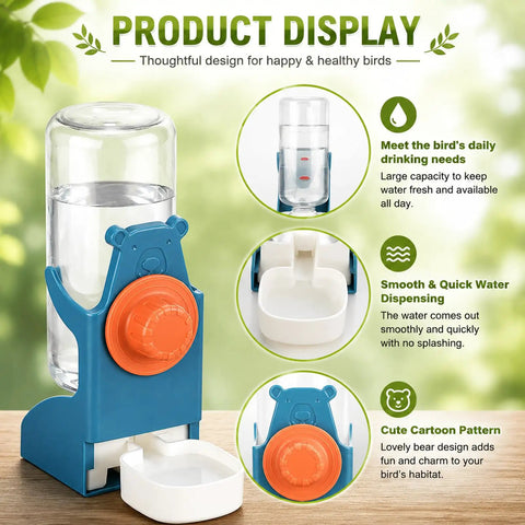 No Sweat Bird Feeder And Water Dispenser Duo For Small Parrots Two Pack Hanging Cage Cups Transparent Pet Food Bowl Quick Load Avian Care Essentials For Flocks, with bear design water dispenser.