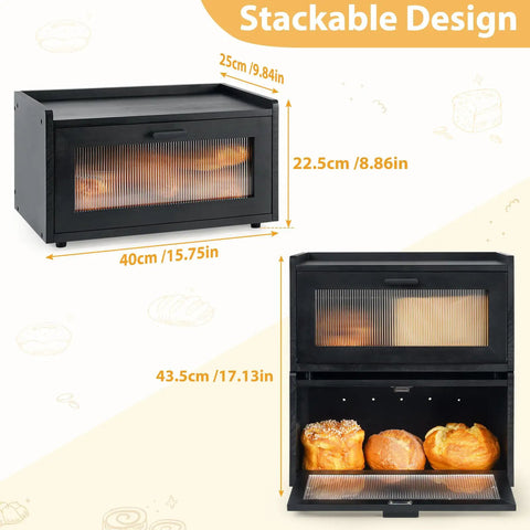 Stackable Pine Wood Bread Box For Kitchen Countertop With Magnetic Acrylic Door Large Black Keeps Bread Fresh For Days And Soft Old School Vibe For Sourdough Pastries And Snacks Vintage Style Storage Organizer, shown from front and side with dimensions.