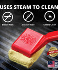 Bristle Free Grill Cleaning Brush With Replaceable Head For Cast Iron And Stainless Steel Grates Safe BBQ Scrubber For Gas Charcoal Porcelain Grills Outdoors, shown using steam to clean grates.