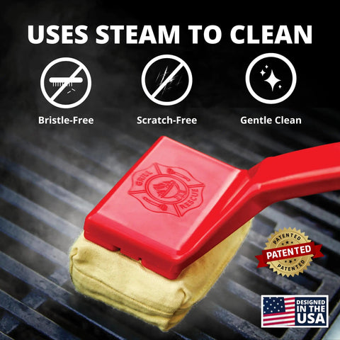 Bristle Free Grill Cleaning Brush With Replaceable Head For Cast Iron And Stainless Steel Grates Safe BBQ Scrubber For Gas Charcoal Porcelain Grills Outdoors, shown using steam to clean grates.