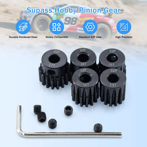 32P Hardened Steel Pinion Gear Set With Hex Key Screwdriver Built Tough For 1/8 RC Cars, 13T 14T 15T 16T 17T Teeth, 5mm Hole
