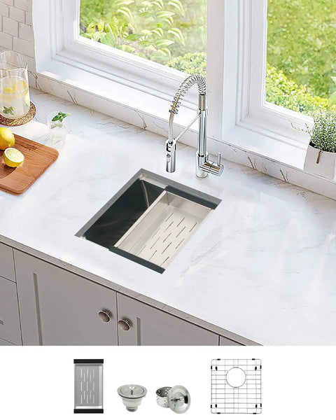 Compact Stainless Steel Undermount Kitchen Sink 15 By 17 Inches, 10 Inch Deep Single Bowl, Workstation Style with accessories.