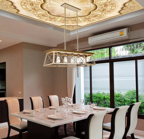 Gold Farmhouse Rectangular Chandelier With 5 Lights For Kitchen Island hanging above a dining table in a modern room