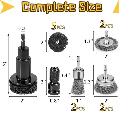 Garage Ready Wheel Hub Cleaning Kit With Carbon Steel Wire Brushes And Five Heavy Duty Abrasive Pads For Knocking Out Gnarly Rust And Freshening Brake Rotors Fast dimensions and tool sizes