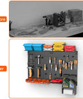 Before and after image of 4ft Wide Metal Pegboard Wall Organizer Kit With Accessories For Garage, showing organized tools.