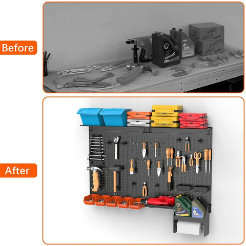 Before and after image of 4ft Wide Metal Pegboard Wall Organizer Kit With Accessories For Garage, showing organized tools.