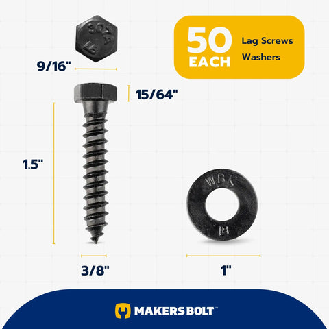 Built Tough Three Eighth By One And A Half Inch Lag Bolt Kit With Washers includes a 3/8 inch hex lag screw and 1 inch washer.