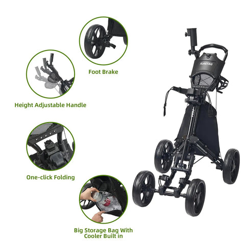 Four Wheel Golf Push Cart With Cup Holder And Umbrella Holder One Click Folding Height Adjustable Handle Lightweight Foldable Golf Pull Cart For Easy Car Trunk Storage, black