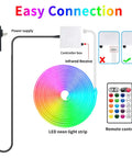 Easy setup diagram for 15ft LED Neon Strip Lights With Remote And App Control, showing power supply and controller box.